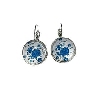 🌸Chinese Blue Floral Silver Drop Dangle Earrings